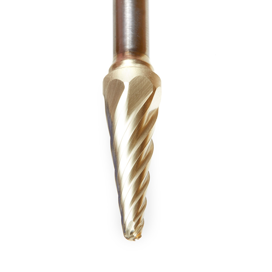 Amana BURS-214NF Solid Carbide Radius Cone Shape 3/8 Dia x 1-1/16 x 1/4 Shank Non-Ferrous ZrN Coated SL Burr Bit for Die-Grinders