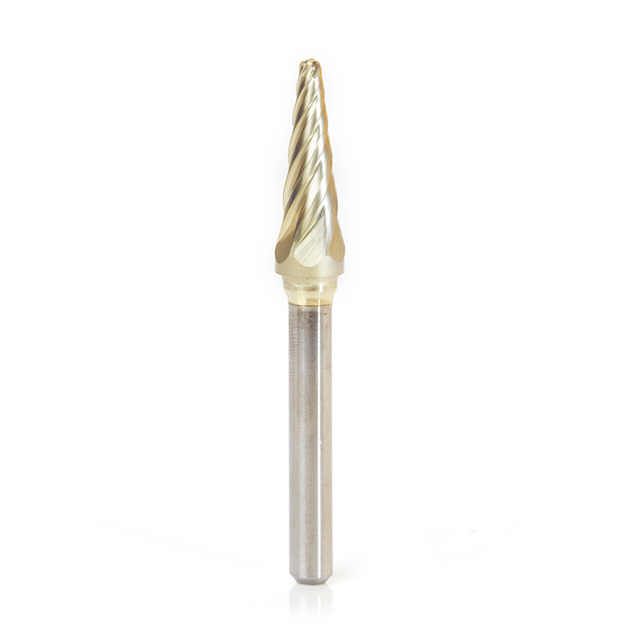 Amana BURS-214NF Solid Carbide Radius Cone Shape 3/8 Dia x 1-1/16 x 1/4 Shank Non-Ferrous ZrN Coated SL Burr Bit for Die-Grinders