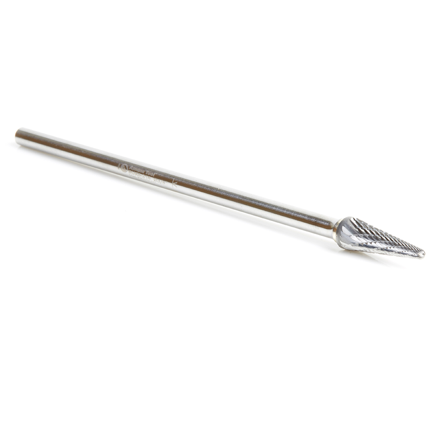 Amana BURS-216 Solid Carbide Radius Cone Shape 3/8 Dia x 1-1/16 x 1/4 Shank Double Cut SL Burr Bit for Die-Grinders
