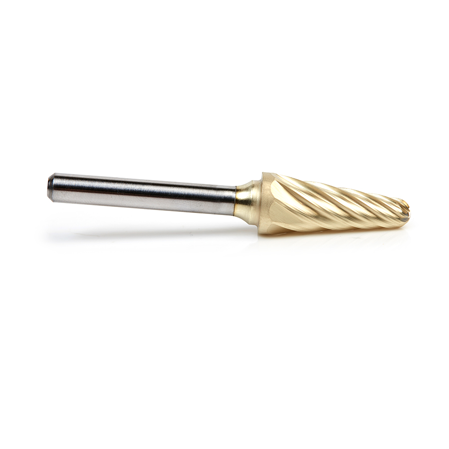 Amana BURS-218NF Solid Carbide Radius Cone Shape 1/2 Dia x 1-1/8 x 1/4 Shank Non-Ferrous ZrN Coated SL Burr Bit for Die-Grinders