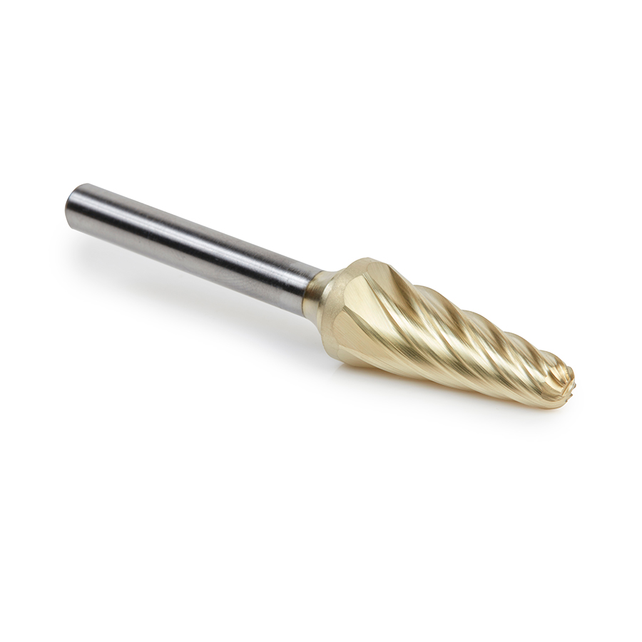 Amana BURS-218NF Solid Carbide Radius Cone Shape 1/2 Dia x 1-1/8 x 1/4 Shank Non-Ferrous ZrN Coated SL Burr Bit for Die-Grinders