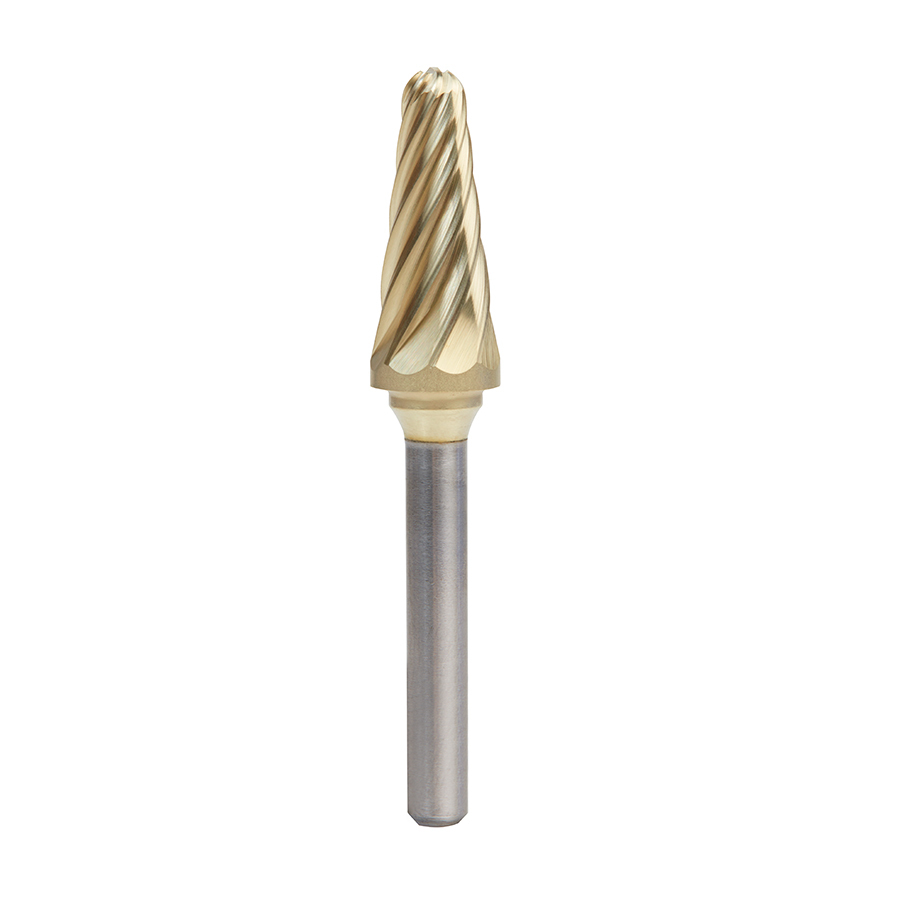Amana BURS-218NF Solid Carbide Radius Cone Shape 1/2 Dia x 1-1/8 x 1/4 Shank Non-Ferrous ZrN Coated SL Burr Bit for Die-Grinders