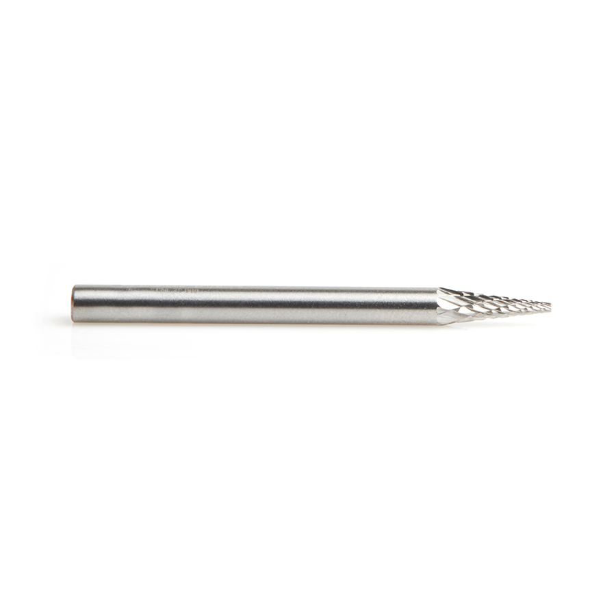 Amana BURS-220 Solid Carbide Pointed Cone Shape 1/8 Dia x 11/32 x 1/8 Shank Double Cut SM Burr Bit for Die-Grinders