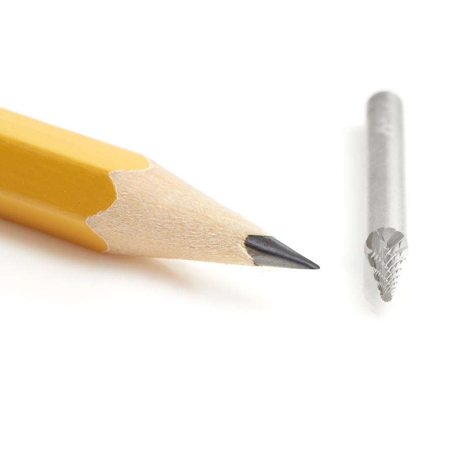 Amana BURS-220 Solid Carbide Pointed Cone Shape 1/8 Dia x 11/32 x 1/8 Shank Double Cut SM Burr Bit for Die-Grinders