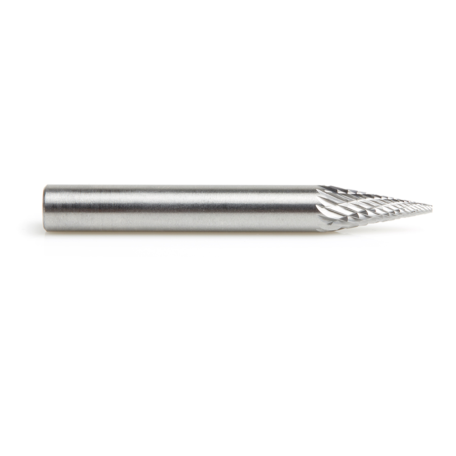 Amana BURS-222 Solid Carbide Pointed Cone Shape 1/4 Dia x 1/2 x 1/4 Shank Double Cut SM Burr Bit for Die-Grinders
