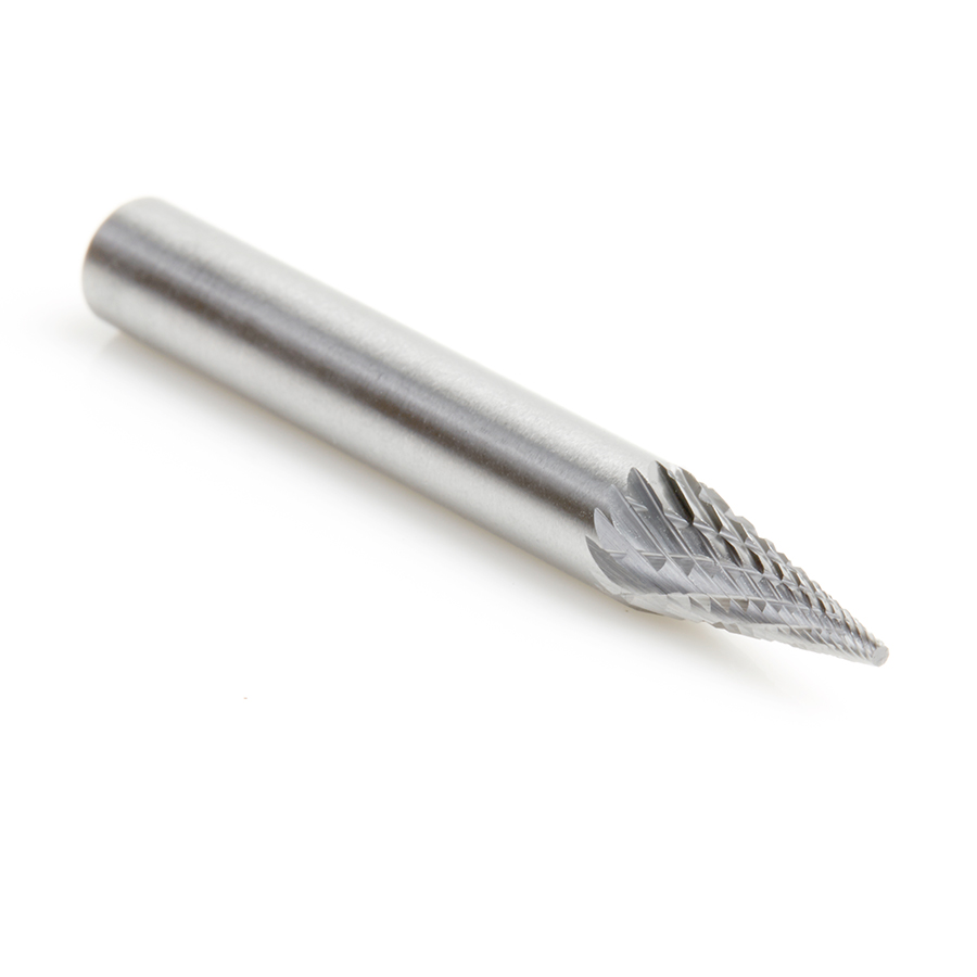 Amana BURS-222 Solid Carbide Pointed Cone Shape 1/4 Dia x 1/2 x 1/4 Shank Double Cut SM Burr Bit for Die-Grinders