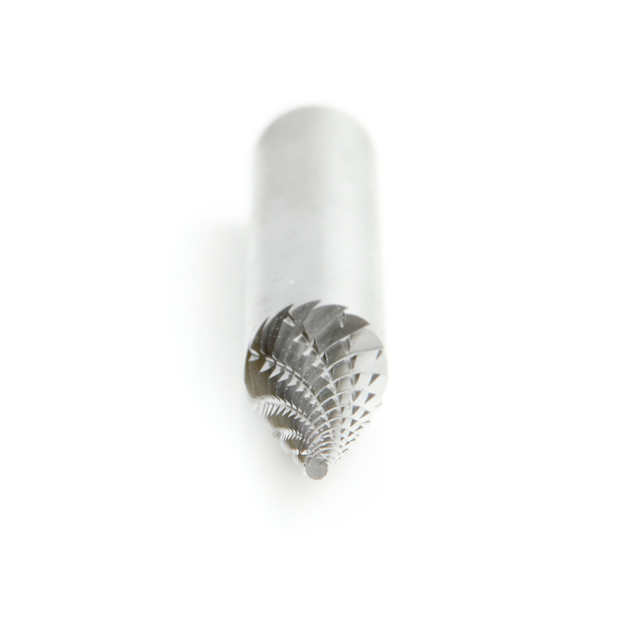 Amana BURS-222 Solid Carbide Pointed Cone Shape 1/4 Dia x 1/2 x 1/4 Shank Double Cut SM Burr Bit for Die-Grinders