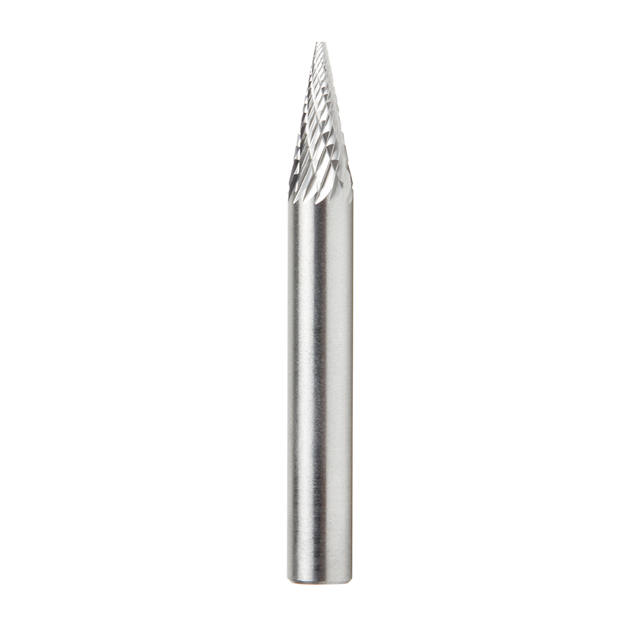 Amana BURS-222 Solid Carbide Pointed Cone Shape 1/4 Dia x 1/2 x 1/4 Shank Double Cut SM Burr Bit for Die-Grinders