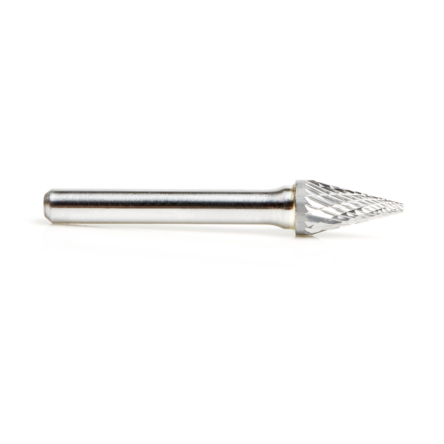 Amana BURS-224 Solid Carbide Pointed Cone Shape 3/8 Dia x 5/8 x 1/4 Shank Double Cut SM Burr Bit for Die-Grinders