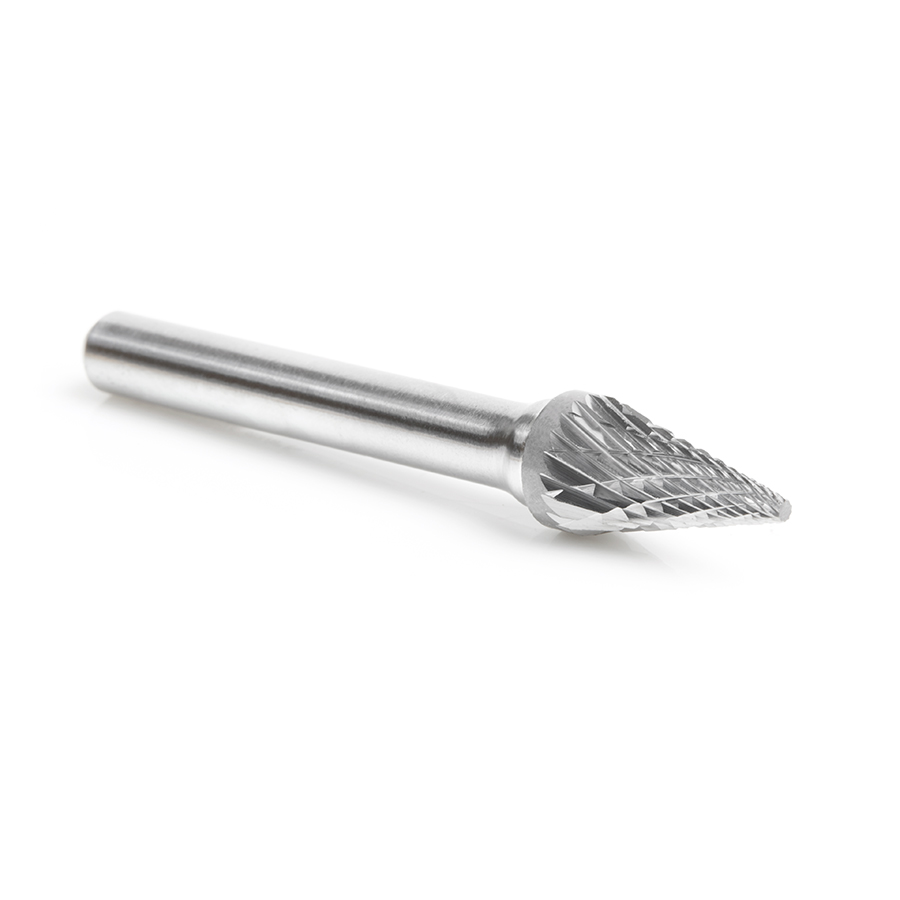 Amana BURS-224 Solid Carbide Pointed Cone Shape 3/8 Dia x 5/8 x 1/4 Shank Double Cut SM Burr Bit for Die-Grinders