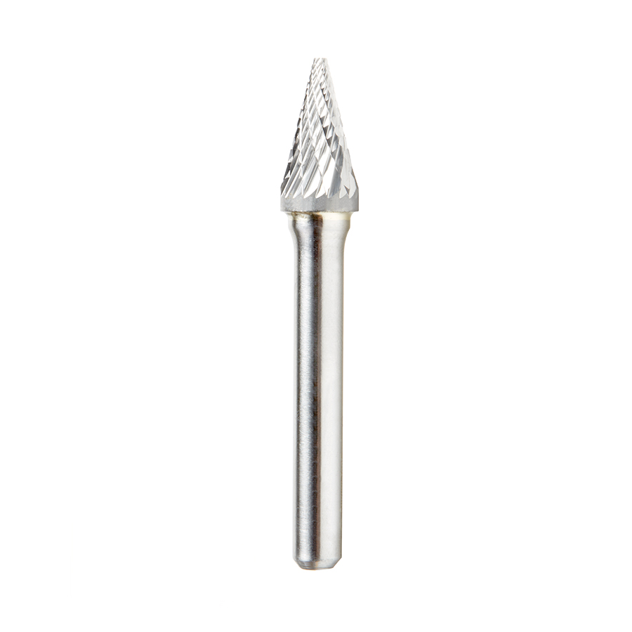 Amana BURS-224 Solid Carbide Pointed Cone Shape 3/8 Dia x 5/8 x 1/4 Shank Double Cut SM Burr Bit for Die-Grinders