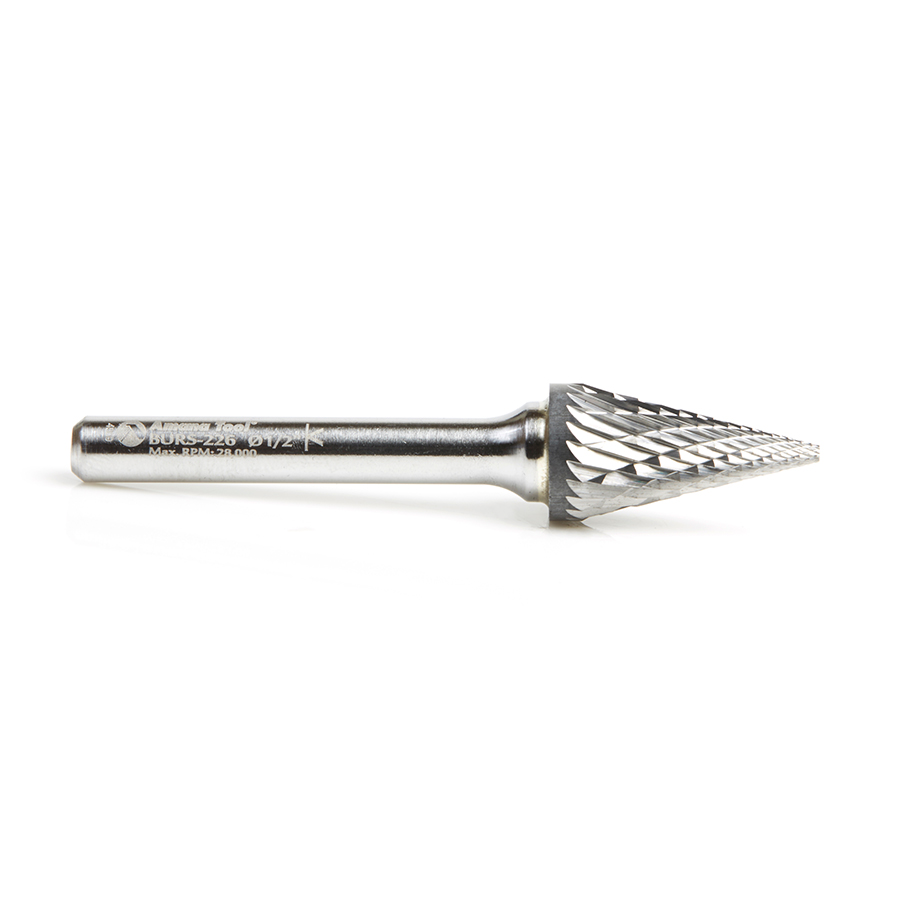 Amana BURS-226 Solid Carbide Pointed Cone Shape 1/2 Dia x 7/8 x 1/4 Shank Double Cut SM Burr Bit for Die-Grinders