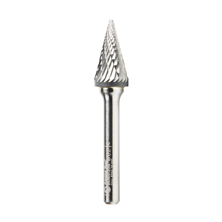 Amana BURS-226 Solid Carbide Pointed Cone Shape 1/2 Dia x 7/8 x 1/4 Shank Double Cut SM Burr Bit for Die-Grinders