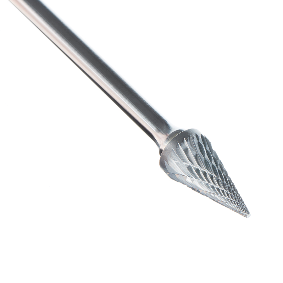 Amana BURS-228 Solid Carbide Pointed Cone Shape 1/2 Dia x 7/8 x 1/4 Shank Double Cut SM Burr Bit for Die-Grinders