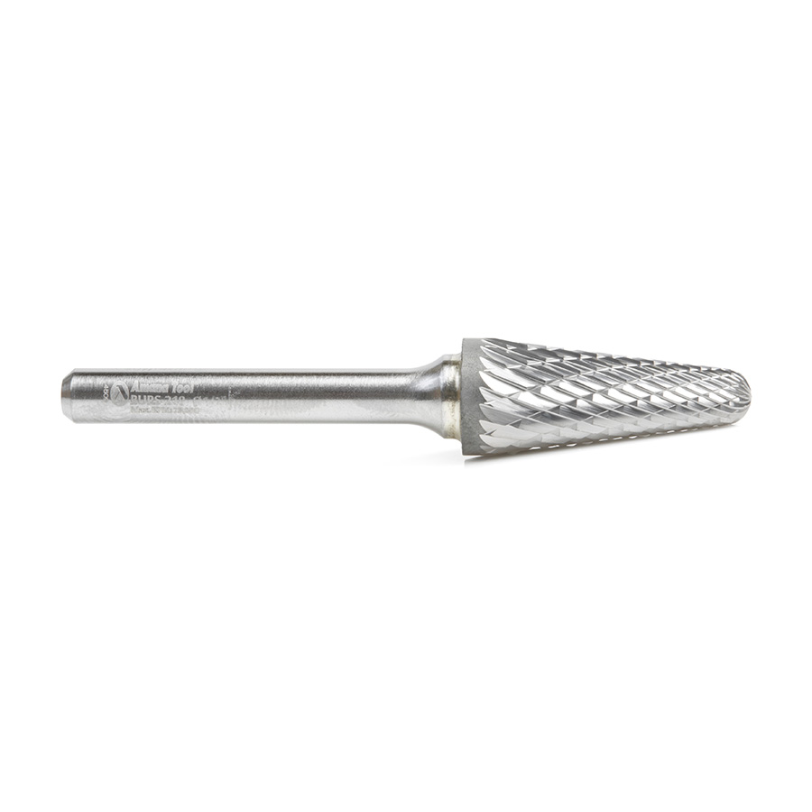 Amana BURS-218 Solid Carbide Radius Cone Shape 1/2 Dia x 1-1/8 x 1/4 Shank Double Cut SL Burr Bit for Die-Grinders