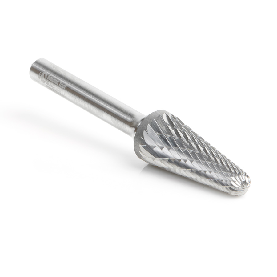 Amana BURS-218 Solid Carbide Radius Cone Shape 1/2 Dia x 1-1/8 x 1/4 Shank Double Cut SL Burr Bit for Die-Grinders