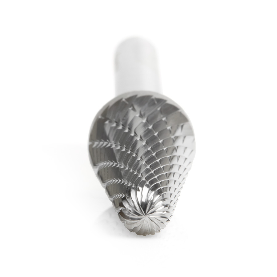 Amana BURS-218 Solid Carbide Radius Cone Shape 1/2 Dia x 1-1/8 x 1/4 Shank Double Cut SL Burr Bit for Die-Grinders