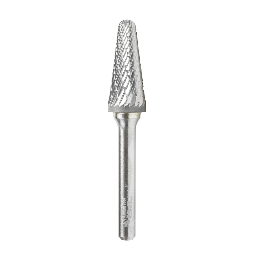 Amana BURS-218 Solid Carbide Radius Cone Shape 1/2 Dia x 1-1/8 x 1/4 Shank Double Cut SL Burr Bit for Die-Grinders