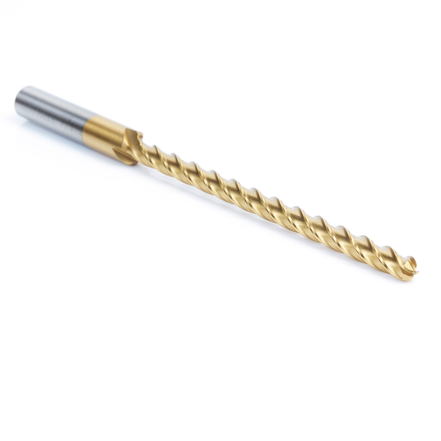 Amana HSS1200 High Speed Steel (HSS) Foam Cutting Ball End Extended Reach 1/8 Radius x 1/4 Dia x 4 x 6 Long x 3/8 Shank CNC 4-Flute Spiral Up-Cut Router Bit TiN Coated