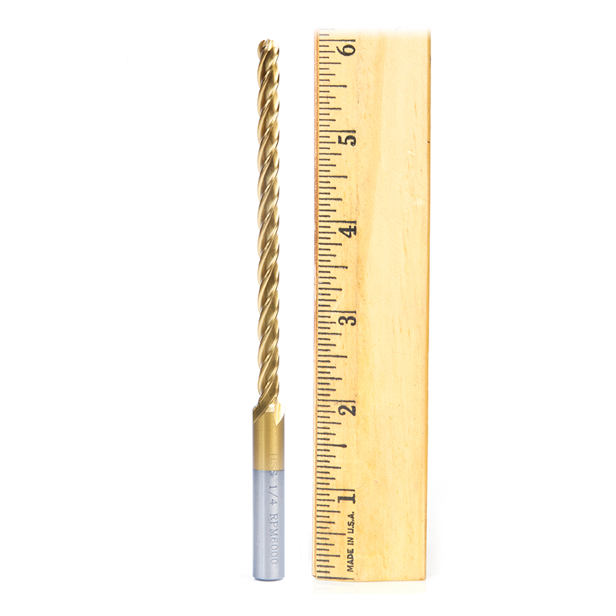 Amana HSS1200 High Speed Steel (HSS) Foam Cutting Ball End Extended Reach 1/8 Radius x 1/4 Dia x 4 x 6 Long x 3/8 Shank CNC 4-Flute Spiral Up-Cut Router Bit TiN Coated
