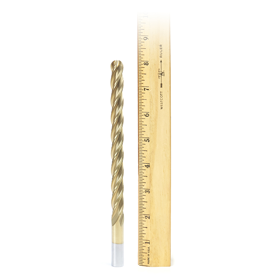 Amana HSS1204 High Speed Steel (HSS) Foam Cutting Ball End Extended Reach 1/4 Radius x 1/2 Dia x 6 x 8 Long x 1/2 Shank CNC 4-Flute Spiral Up-Cut Router Bit TiN Coated