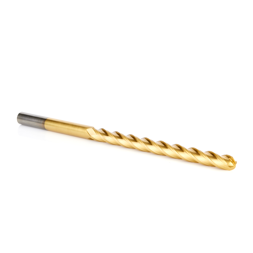 Amana HSS1205 High Speed Steel (HSS) Foam Cutting Ball End Extended Reach 1/4 Radius x 1/2 Dia x 6 x 10 Long x 1/2 Shank CNC 4-Flute Spiral Up-Cut Router Bit TiN Coated