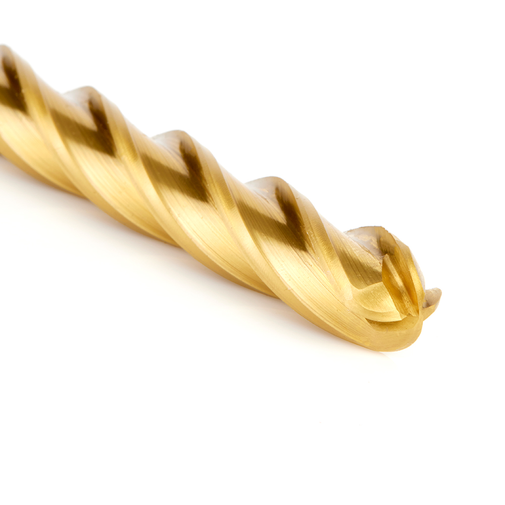 Amana HSS1205 High Speed Steel (HSS) Foam Cutting Ball End Extended Reach 1/4 Radius x 1/2 Dia x 6 x 10 Long x 1/2 Shank CNC 4-Flute Spiral Up-Cut Router Bit TiN Coated
