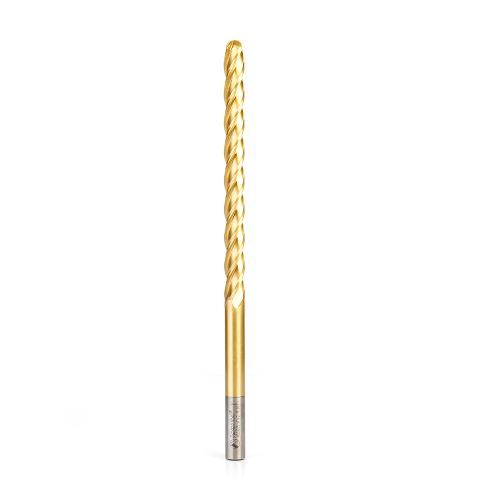 Amana HSS1205 High Speed Steel (HSS) Foam Cutting Ball End Extended Reach 1/4 Radius x 1/2 Dia x 6 x 10 Long x 1/2 Shank CNC 4-Flute Spiral Up-Cut Router Bit TiN Coated