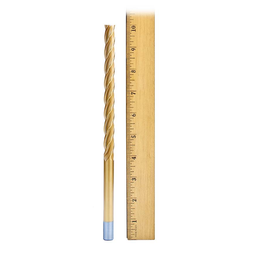 Amana HSS1215 High Speed Steel (HSS) Foam Cutting End Mill Extended Reach 1/2 Dia x 6 x 10 Long x 1/2 Shank CNC 4-Flute Spiral Up-Cut Router Bit TiN Coated