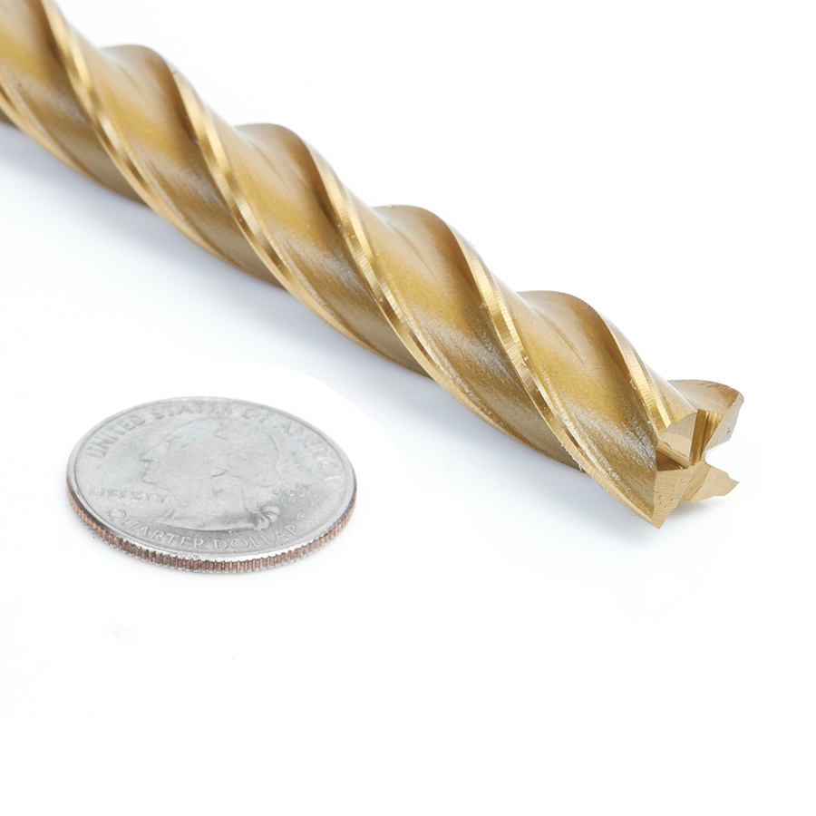 Amana HSS1215 High Speed Steel (HSS) Foam Cutting End Mill Extended Reach 1/2 Dia x 6 x 10 Long x 1/2 Shank CNC 4-Flute Spiral Up-Cut Router Bit TiN Coated