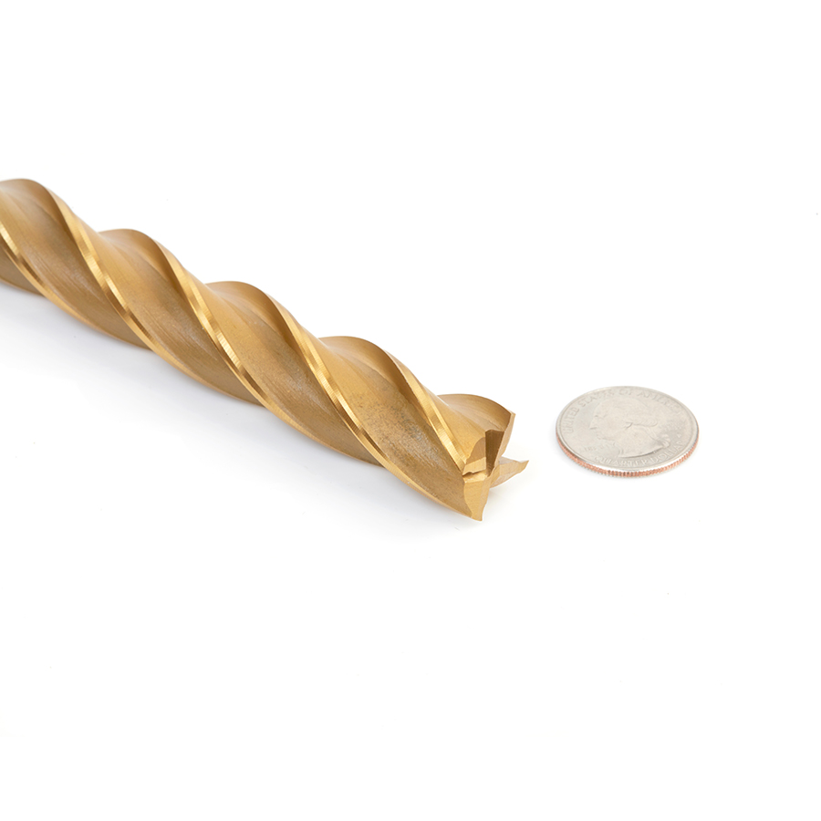 Amana HSS1216 High Speed Steel (HSS) Foam Cutting End Mill Extended Reach 3/4 Dia x 10 x 12-1/2 Long x 3/4 Shank CNC 4-Flute Spiral Up-Cut Router Bit TiN Coated