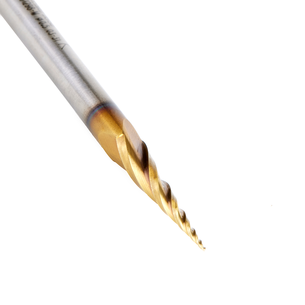 Amana HSS1298-M CNC 2D and 3D Carving 5.8 Deg Tapered Angle Ball Tip x 0.5mm Dia x 0.25mm Radius x 26mm x 6mm Shank x 76mm Long x 3 Flute High Speed Steel (HSS) Up-Cut Spiral ZrN Coated Router Bit
