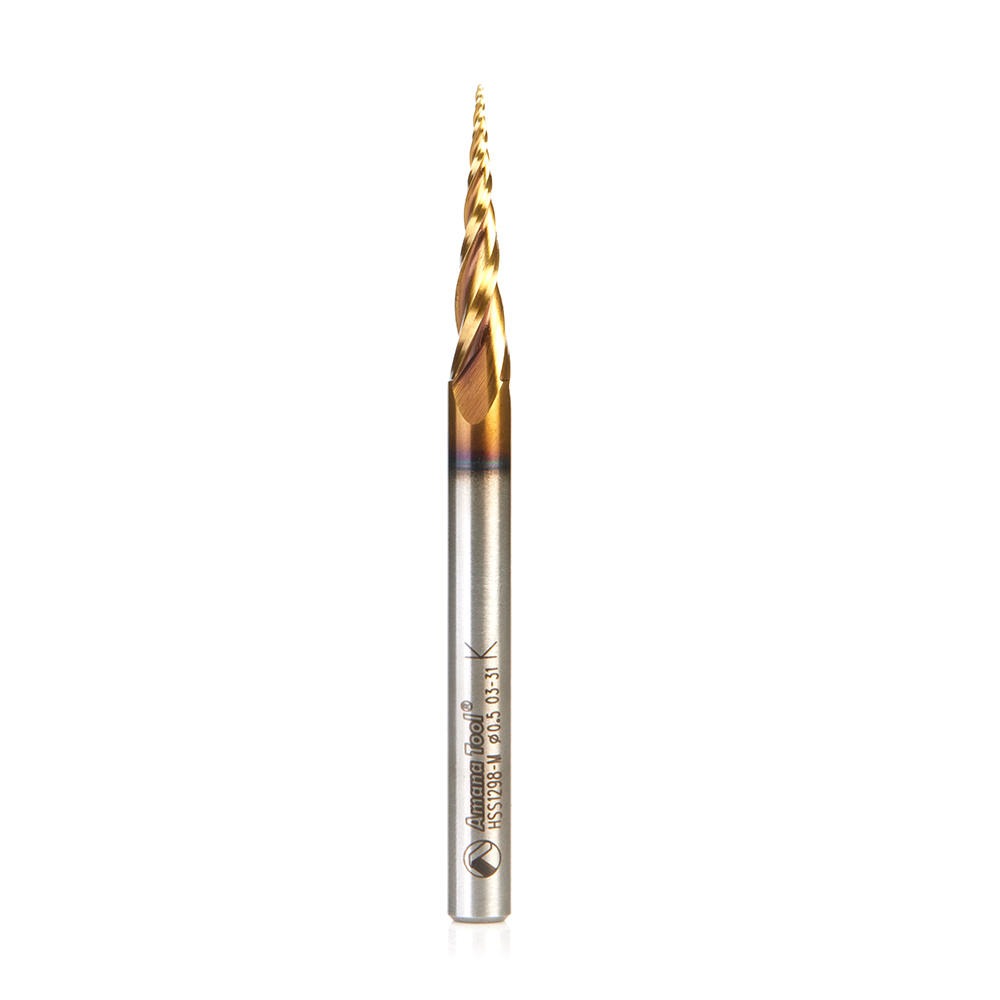 Amana HSS1298-M CNC 2D and 3D Carving 5.8 Deg Tapered Angle Ball Tip x 0.5mm Dia x 0.25mm Radius x 26mm x 6mm Shank x 76mm Long x 3 Flute High Speed Steel (HSS) Up-Cut Spiral ZrN Coated Router Bit