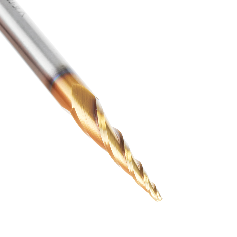 Amana HSS1303-M CNC 2D and 3D Carving 5.1 Deg Tapered Angle Ball Tip x 1.5mm Dia x 0.75mm Radius x 26mm x 6mm Shank x 76mm Long x 3 Flute High Speed Steel (HSS) Up-Cut Spiral ZrN Coated Router Bit