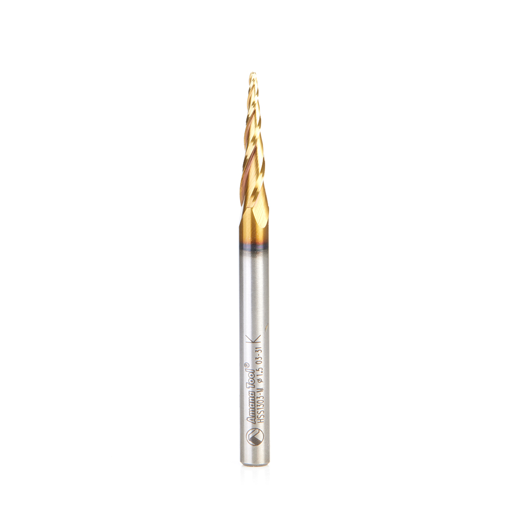 Amana HSS1303-M CNC 2D and 3D Carving 5.1 Deg Tapered Angle Ball Tip x 1.5mm Dia x 0.75mm Radius x 26mm x 6mm Shank x 76mm Long x 3 Flute High Speed Steel (HSS) Up-Cut Spiral ZrN Coated Router Bit