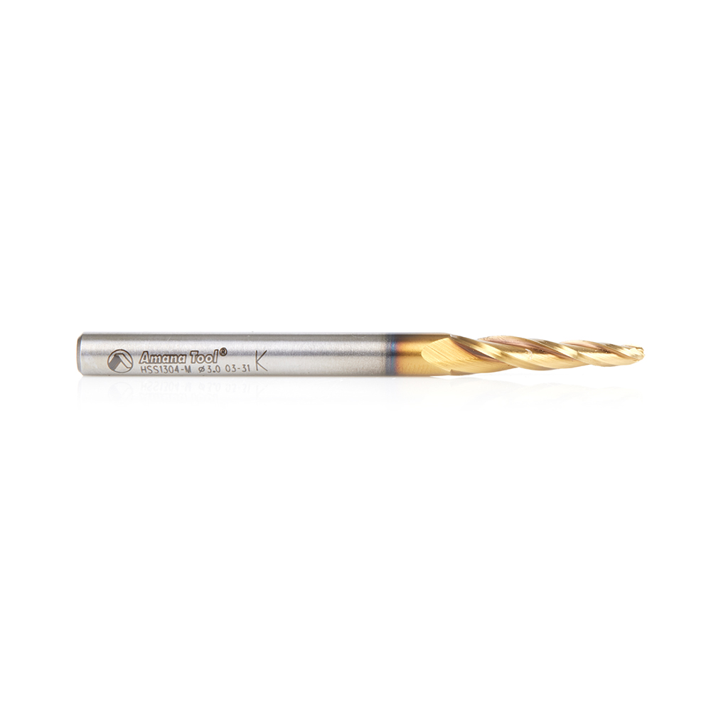 Amana HSS1304-M CNC 2D and 3D Carving 3.5 Deg Tapered Angle Ball Tip x 3mm Dia x 1.5mm Radius x 26mm x 6mm Shank x 76mm Long x 3 Flute High Speed Steel (HSS) Up-Cut Spiral ZrN Coated Router Bit
