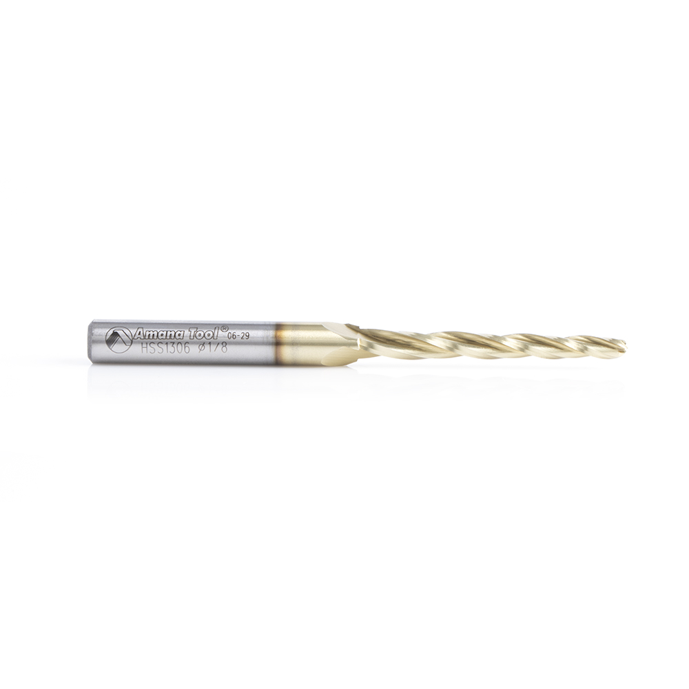 Amana HSS1306 CNC 2D and 3D Carving 1.0 Deg Tapered Angle Ball Tip x 1/8 Dia x 1/16 Radius x 1-1/2 x 1/4 Shank x 3 Inch Long x 3 Flute High Speed Steel (HSS) Up-Cut Spiral ZrN Coated Router Bit