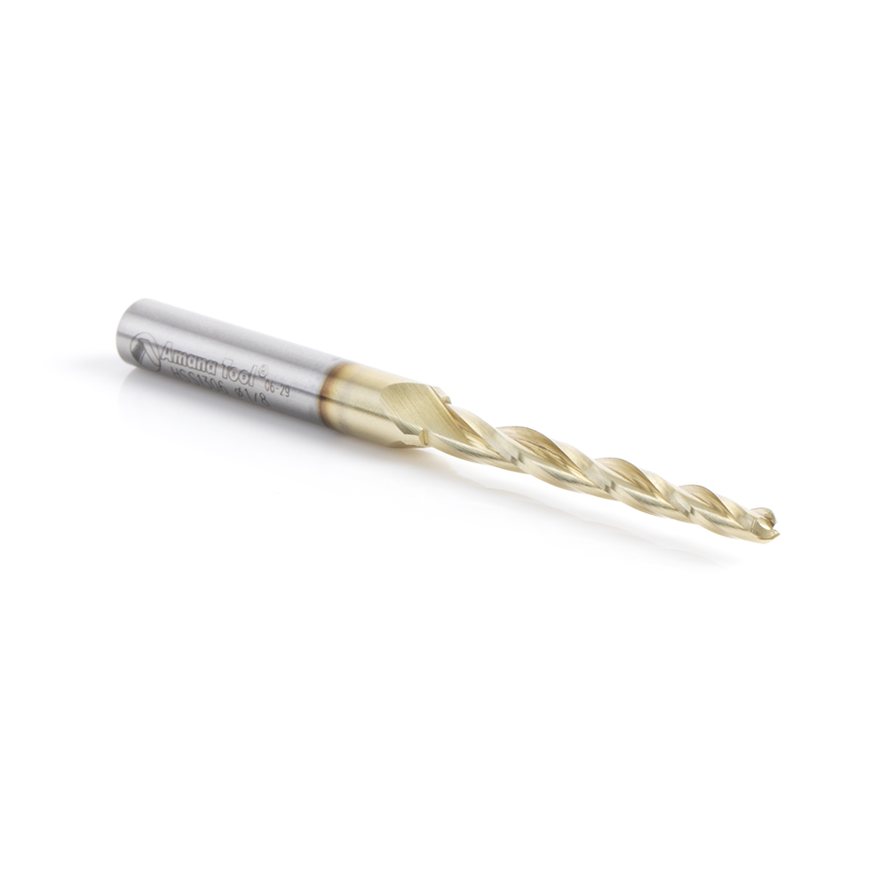 Amana HSS1306 CNC 2D and 3D Carving 1.0 Deg Tapered Angle Ball Tip x 1/8 Dia x 1/16 Radius x 1-1/2 x 1/4 Shank x 3 Inch Long x 3 Flute High Speed Steel (HSS) Up-Cut Spiral ZrN Coated Router Bit