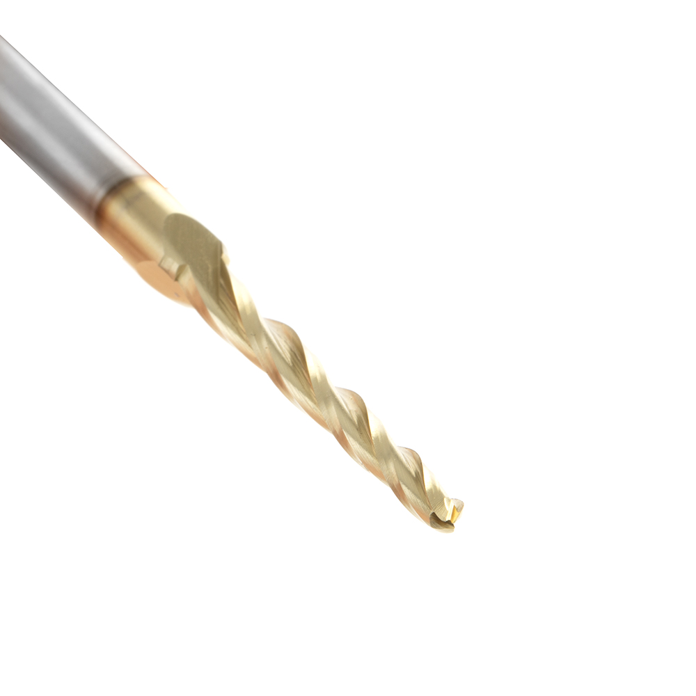 Amana HSS1306 CNC 2D and 3D Carving 1.0 Deg Tapered Angle Ball Tip x 1/8 Dia x 1/16 Radius x 1-1/2 x 1/4 Shank x 3 Inch Long x 3 Flute High Speed Steel (HSS) Up-Cut Spiral ZrN Coated Router Bit