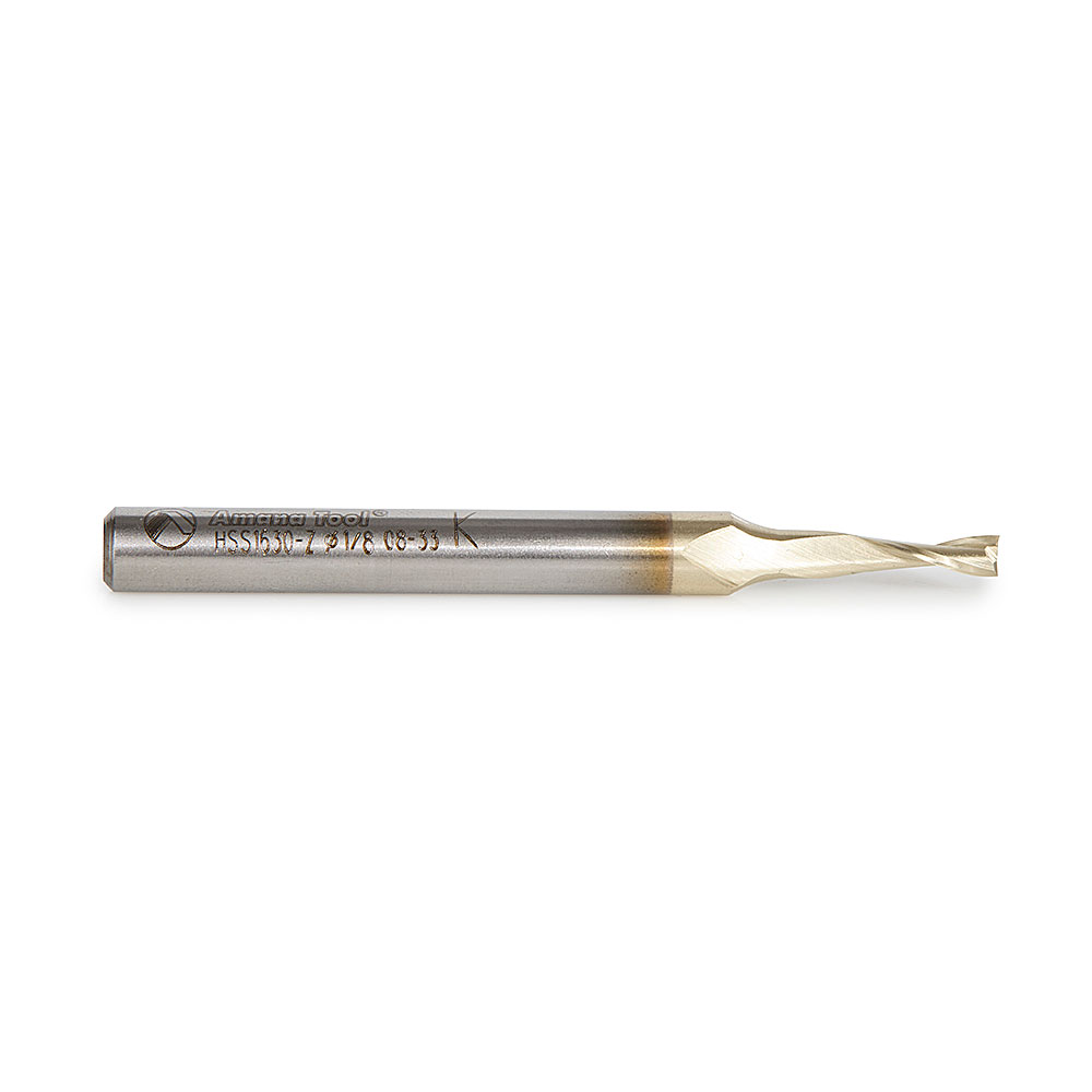 Amana HSS1630-Z High Speed Steel (HSS) Double Flute Spiral Aluminum Cutting 1/8 Dia x 3/8 x 1/4 Inch Shank Up-Cut ZrN Coated Router Bit
