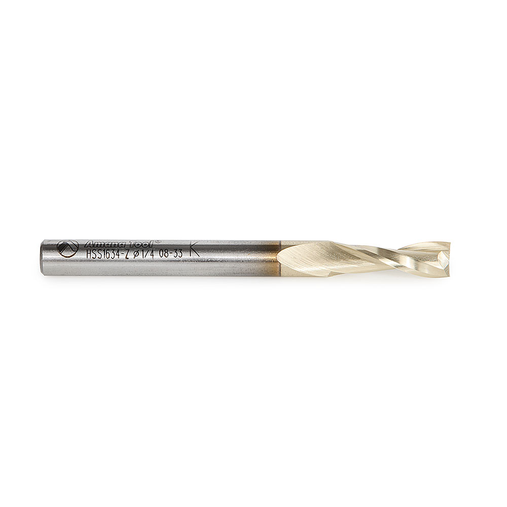 Amana HSS1634-Z High Speed Steel (HSS) Double Flute Spiral Aluminum Cutting 1/4 Dia x 3/4 x 1/4 Inch Shank Up-Cut ZrN Coated Router Bit