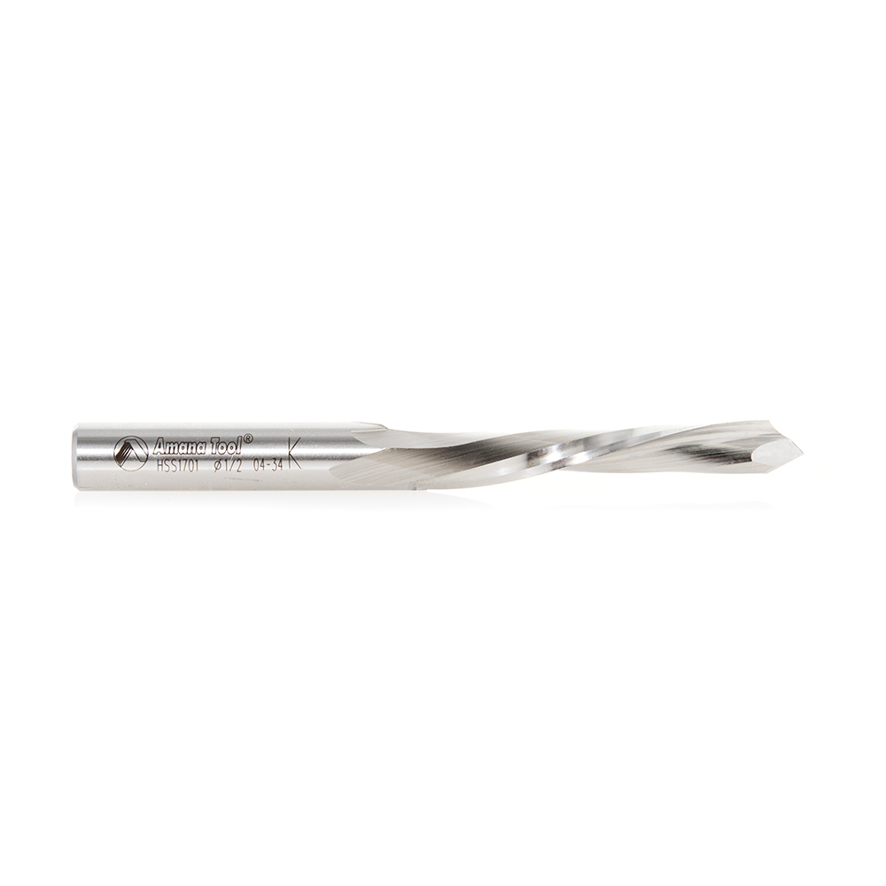 Amana HSS1701 High Speed Steel (HSS) 18° Helix 1/2 Dia x 2-1/4 x 1/2 Shank Single Flute Down-Cut Steel Door Bit