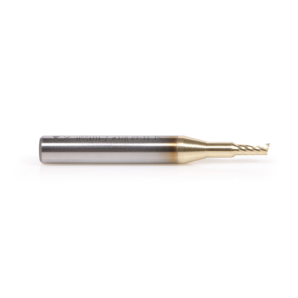 Amana HSS1714-Z High Speed Steel (HSS) Spiral 'O' Single Flute Aluminum Cutting 1/8 Dia x 1/4 x 1/4 Inch Shank Up-Cut ZrN Coated Router Bit