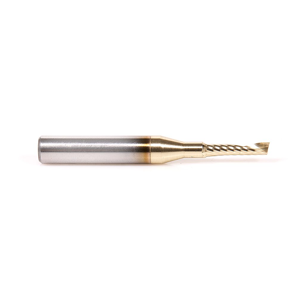 Amana HSS1716-Z High Speed Steel (HSS) Spiral 'O' Single Flute Aluminum Cutting 1/8 Dia x 1/2 x 1/4 Inch Shank Up-Cut ZrN Coated Router Bit
