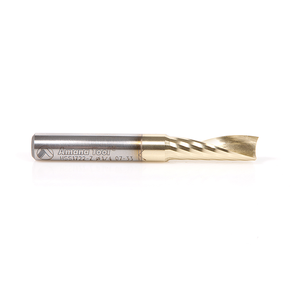 Amana HSS1722-Z High Speed Steel (HSS) Spiral 'O' Single Flute Aluminum Cutting 1/4 Dia x 3/4 x 1/4 Inch Shank Up-Cut ZrN Coated Router Bit