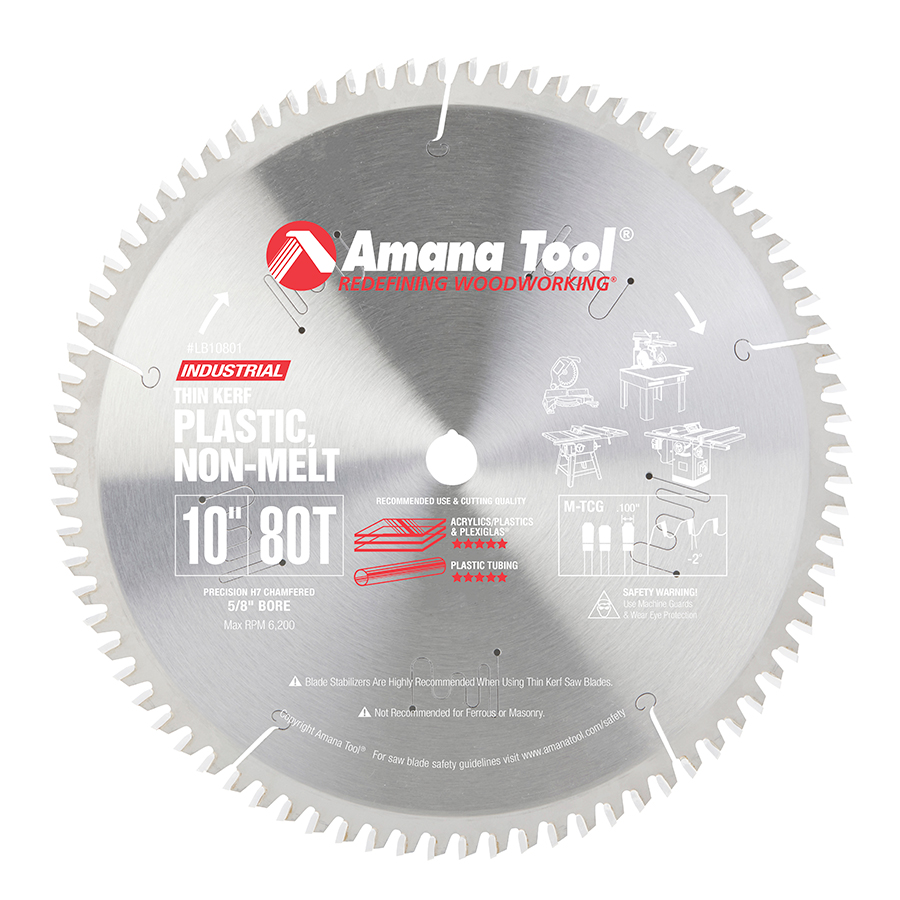 Amana LB10801 Carbide Tipped Non-Melt Plastic 10 Inch Dia x 80T M-TCG, -2 Deg, 5/8 Bore