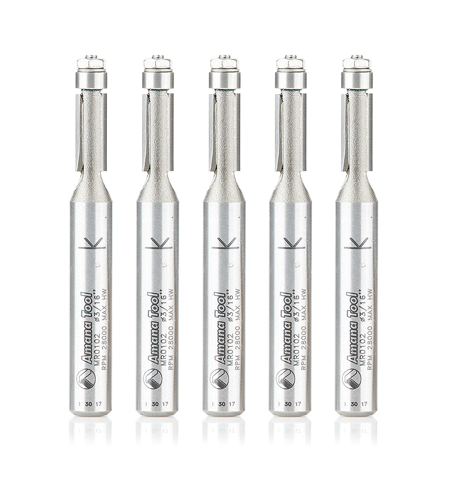 Amana MR0102-5 5 Pack Carbide Tipped Miniature Flush Trim 3/16 Dia x 7/16 x 1/4 Inch Shank with Mini 3/16 Dia Lower Ball Bearing