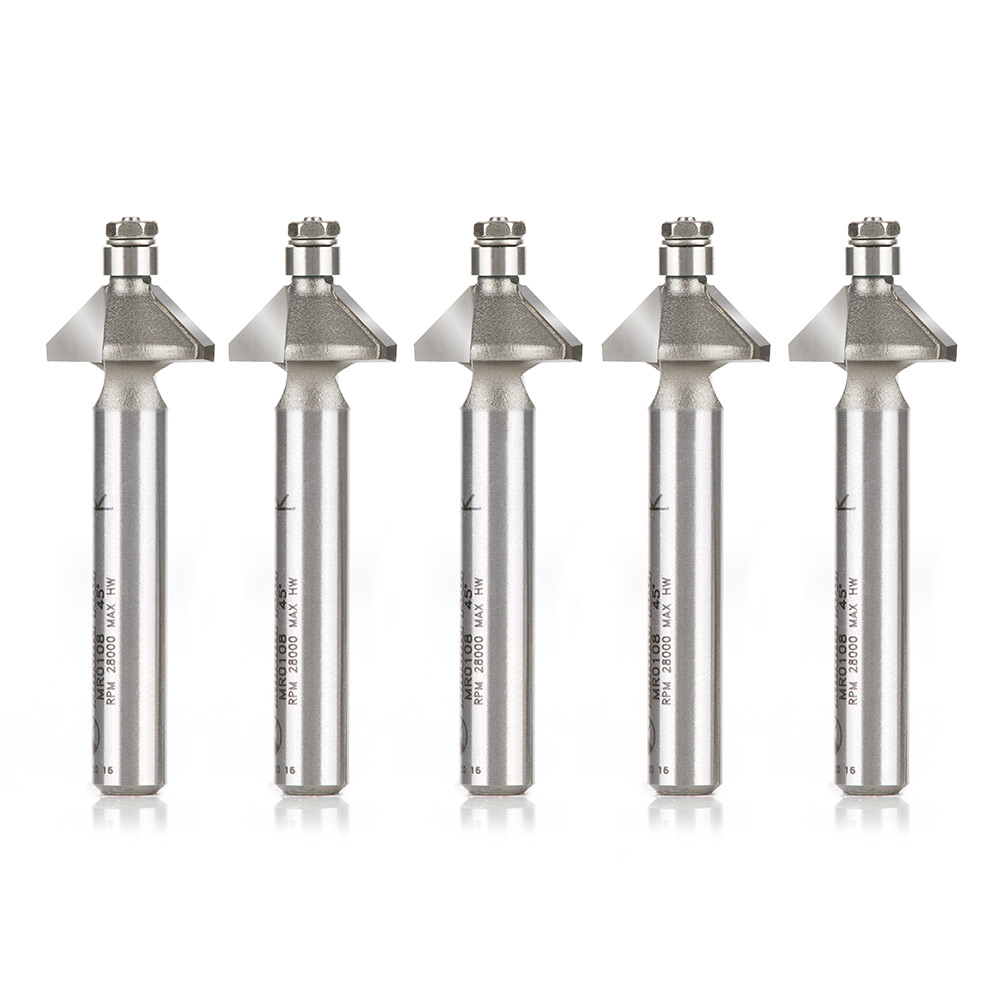 Amana MR0108-5 5 Pack Carbide Tipped Miniature Chamfer 45 Degree x 9/16 Dia x 1/4 x 1/4 Inch Shank with Mini 3/16 Dia Lower Ball Bearing