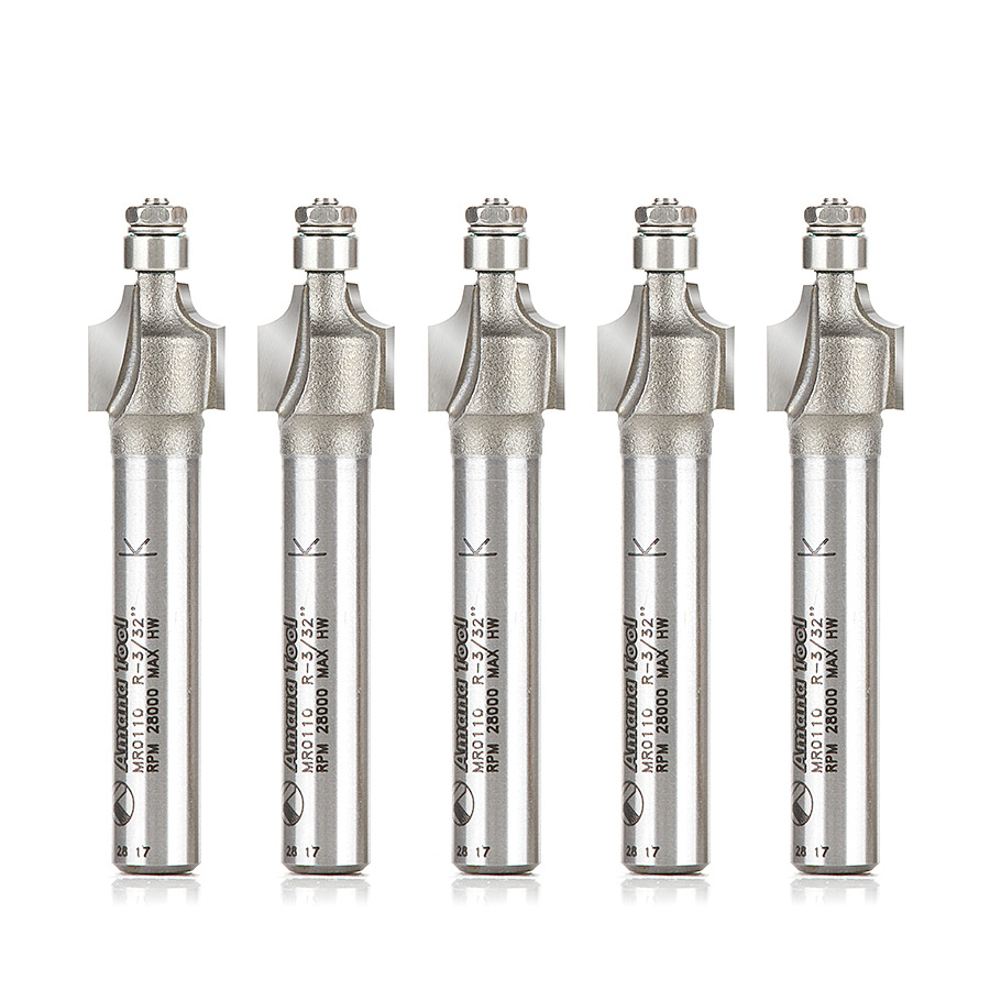 Amana MR0110-5 5 Pack Carbide Tipped Miniature Corner Rounding 3/32 Radius x 3/8 Dia x 3/8 x 1/4 Inch Shank with Mini 3/16 Dia Lower Ball Bearing