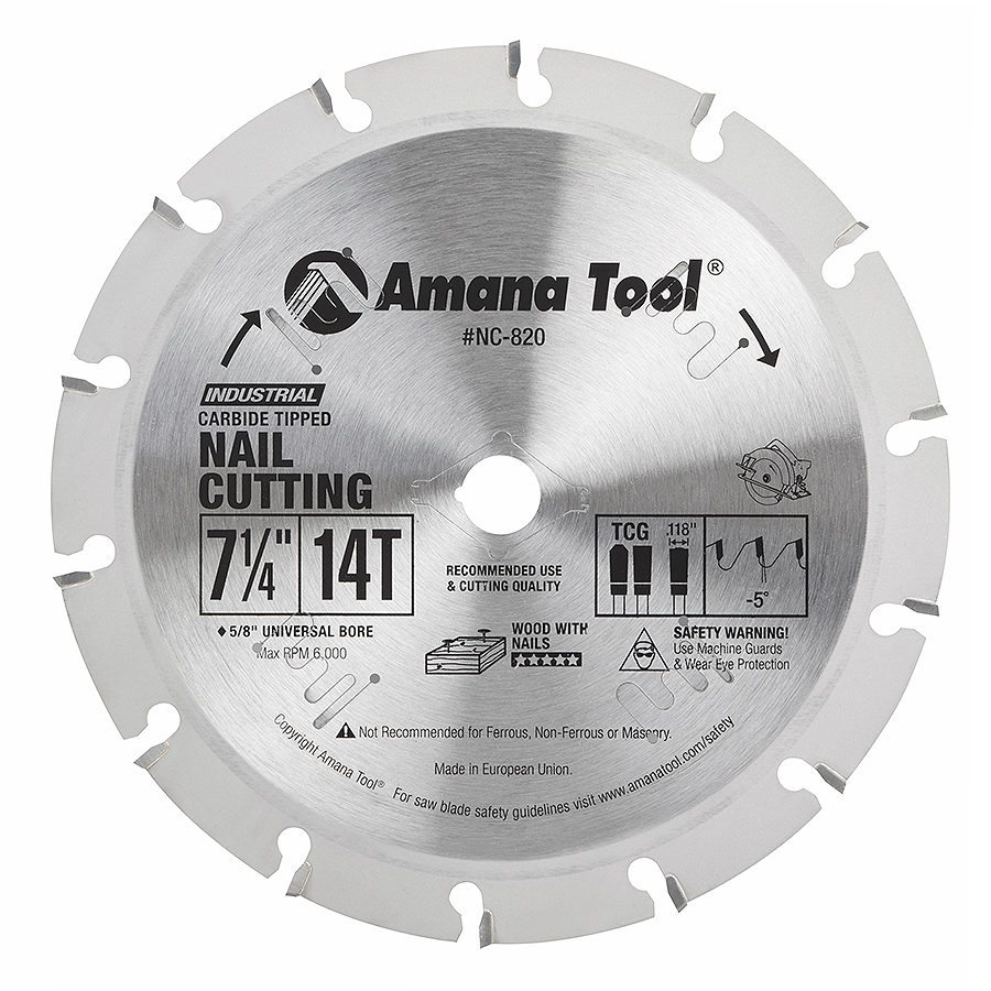 Amana NC-820 Carbide Tipped Nail Cutting & Demolition 7-1/4 Inch Dia x 14T 5/8 Bore
